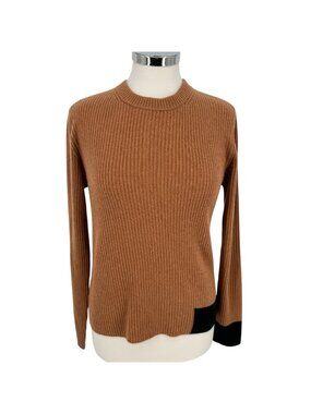 Elie Tahari 100% Cashmere Ribbed Crewneck Sweater Camel Brown Black Size Large